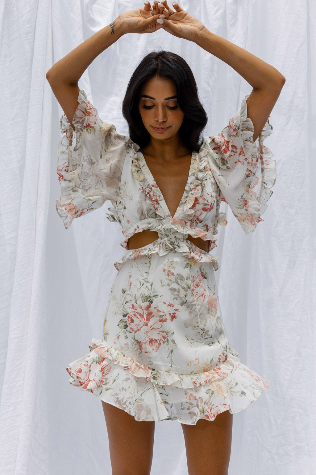 My Belle Cut-Out Detail Frill Accent Dress Vintage Floral Print White by Selfie Leslie
