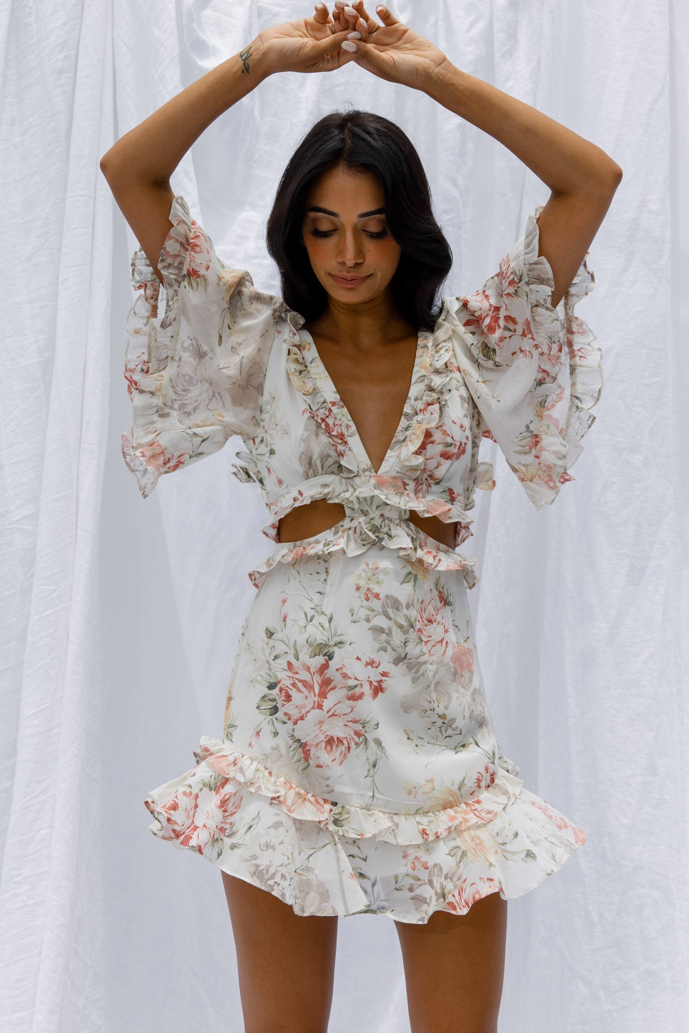 My Belle Cut-Out Detail Frill Accent Dress Vintage Floral Print White by Selfie Leslie