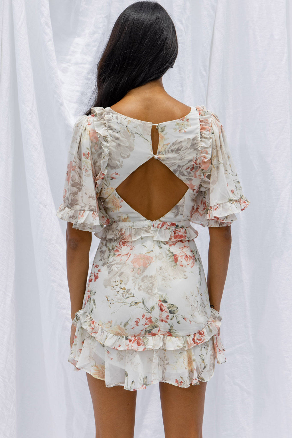 My Belle Cut-Out Detail Frill Accent Dress Vintage Floral Print White by Selfie Leslie