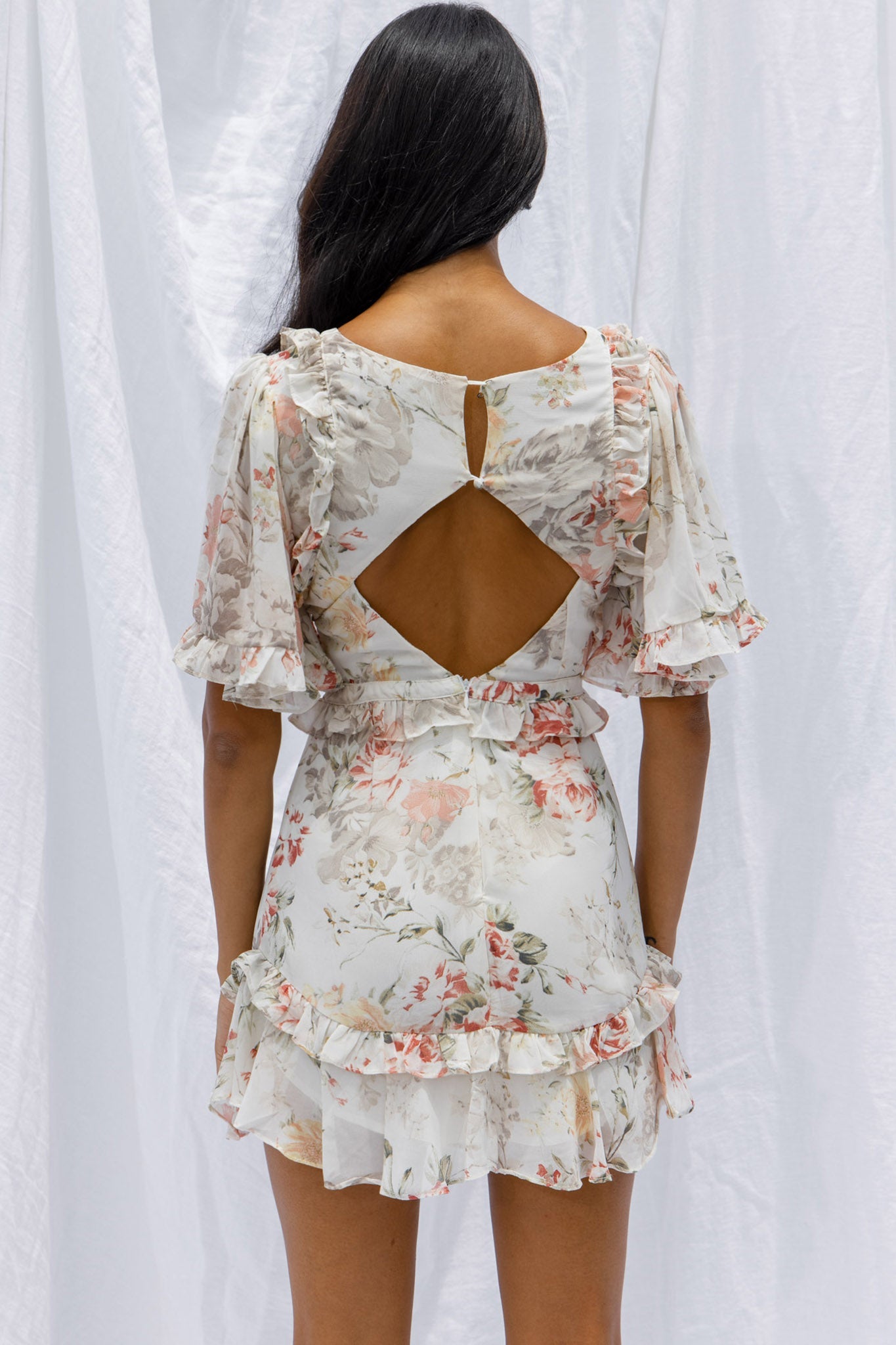 My Belle Cut-Out Detail Frill Accent Dress Vintage Floral Print White by Selfie Leslie