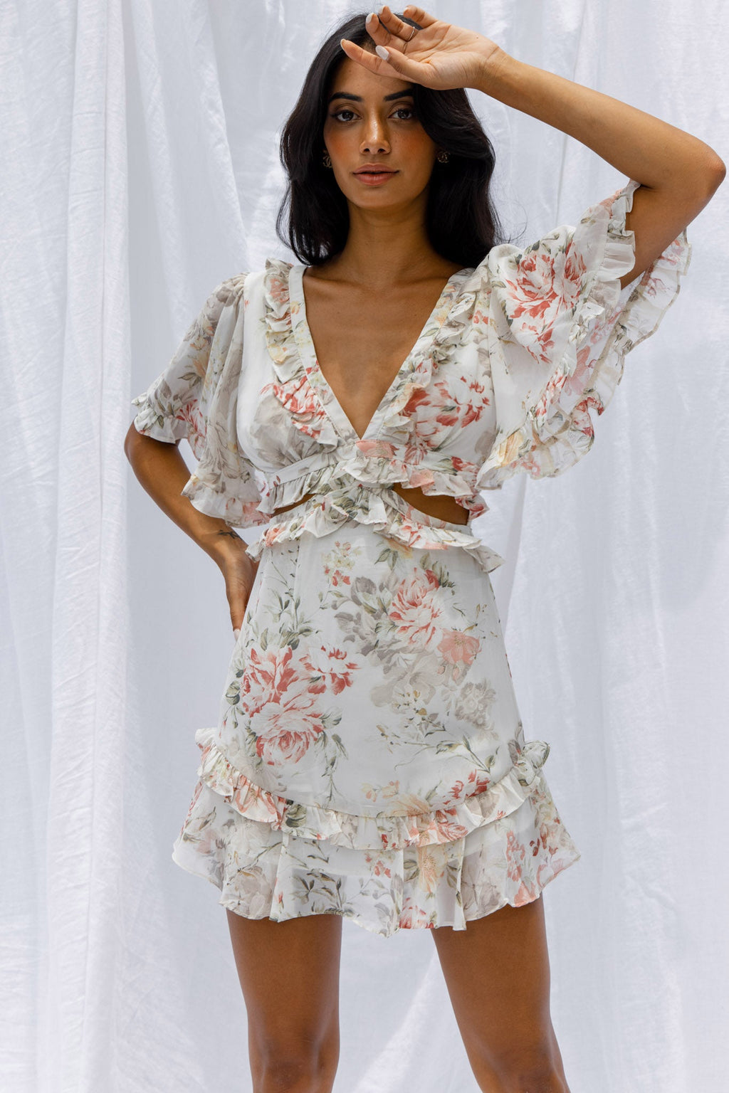 My Belle Cut-Out Detail Frill Accent Dress Vintage Floral Print White by Selfie Leslie