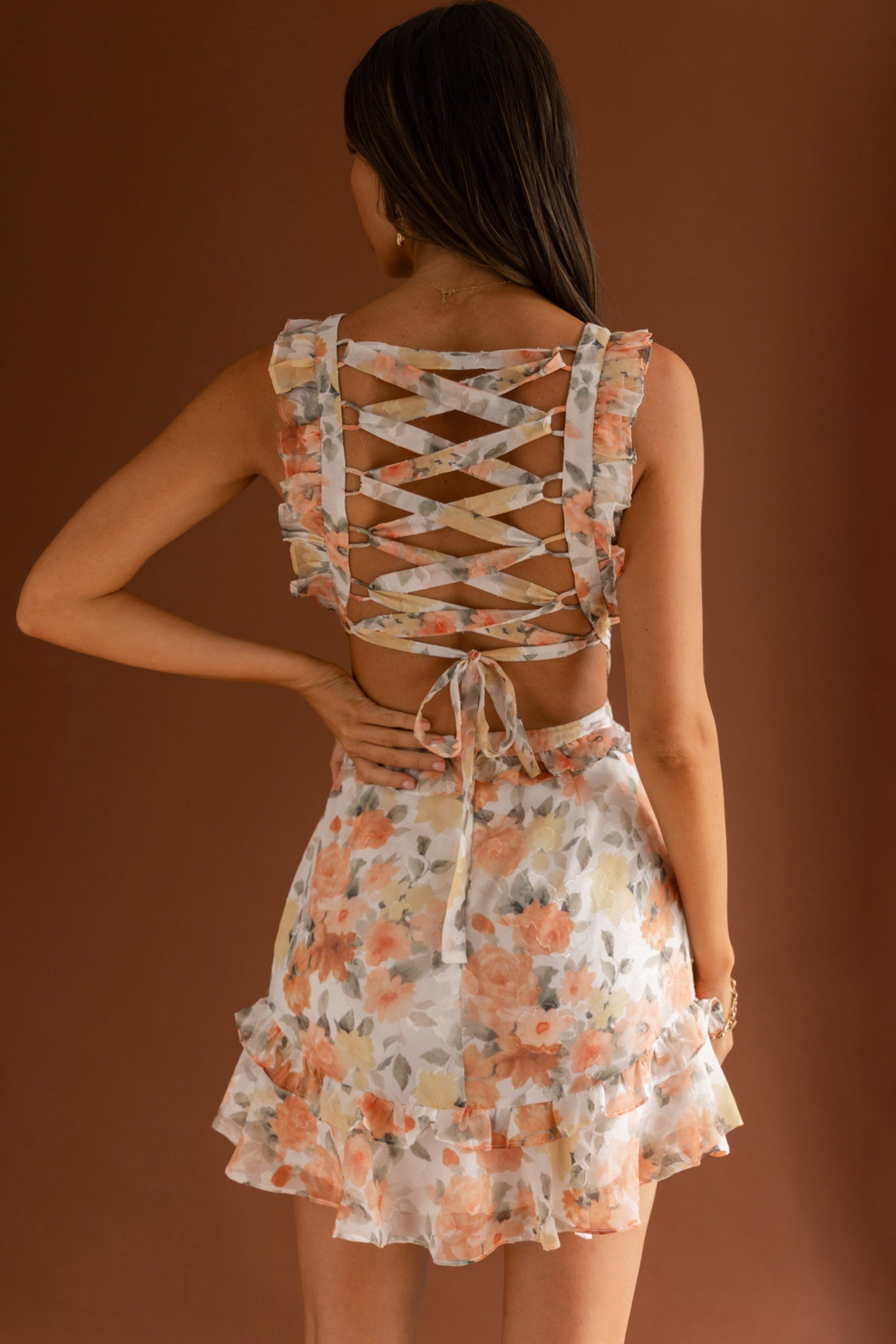 My Belle V-Neckline Lace-Up Back Frill Dress Floral Orange by Selfie Leslie