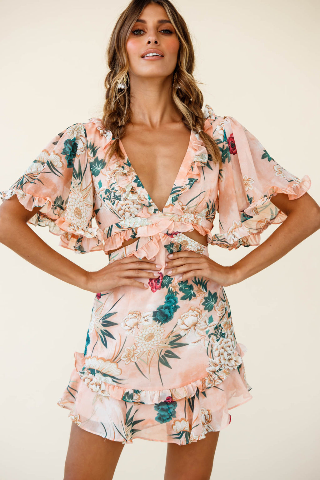 My Belle Cut-Out Detail Frill Accent Dress Floral Print Orange by Selfie Leslie