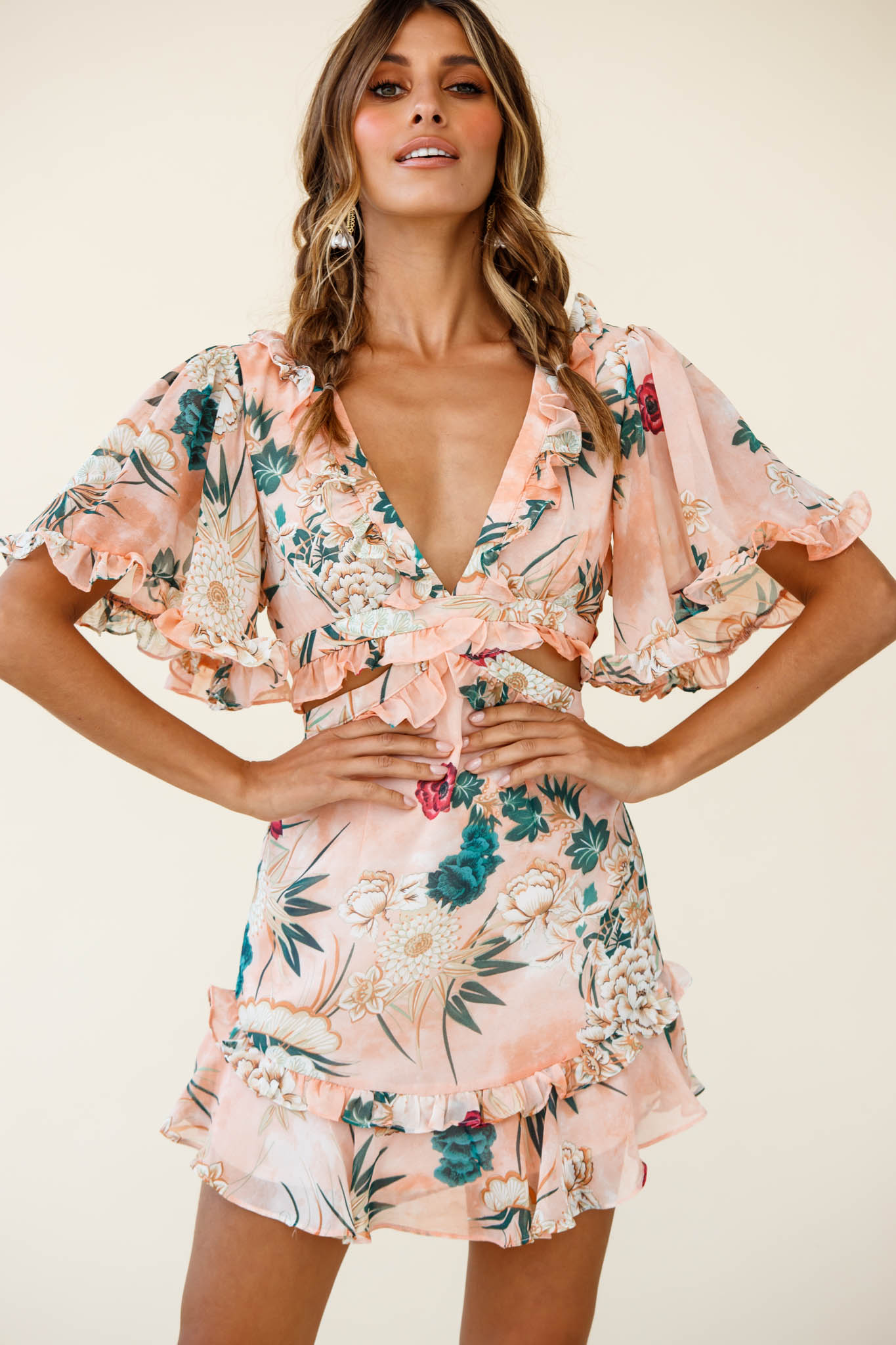 My Belle Cut-Out Detail Frill Accent Dress Floral Print Orange by Selfie Leslie