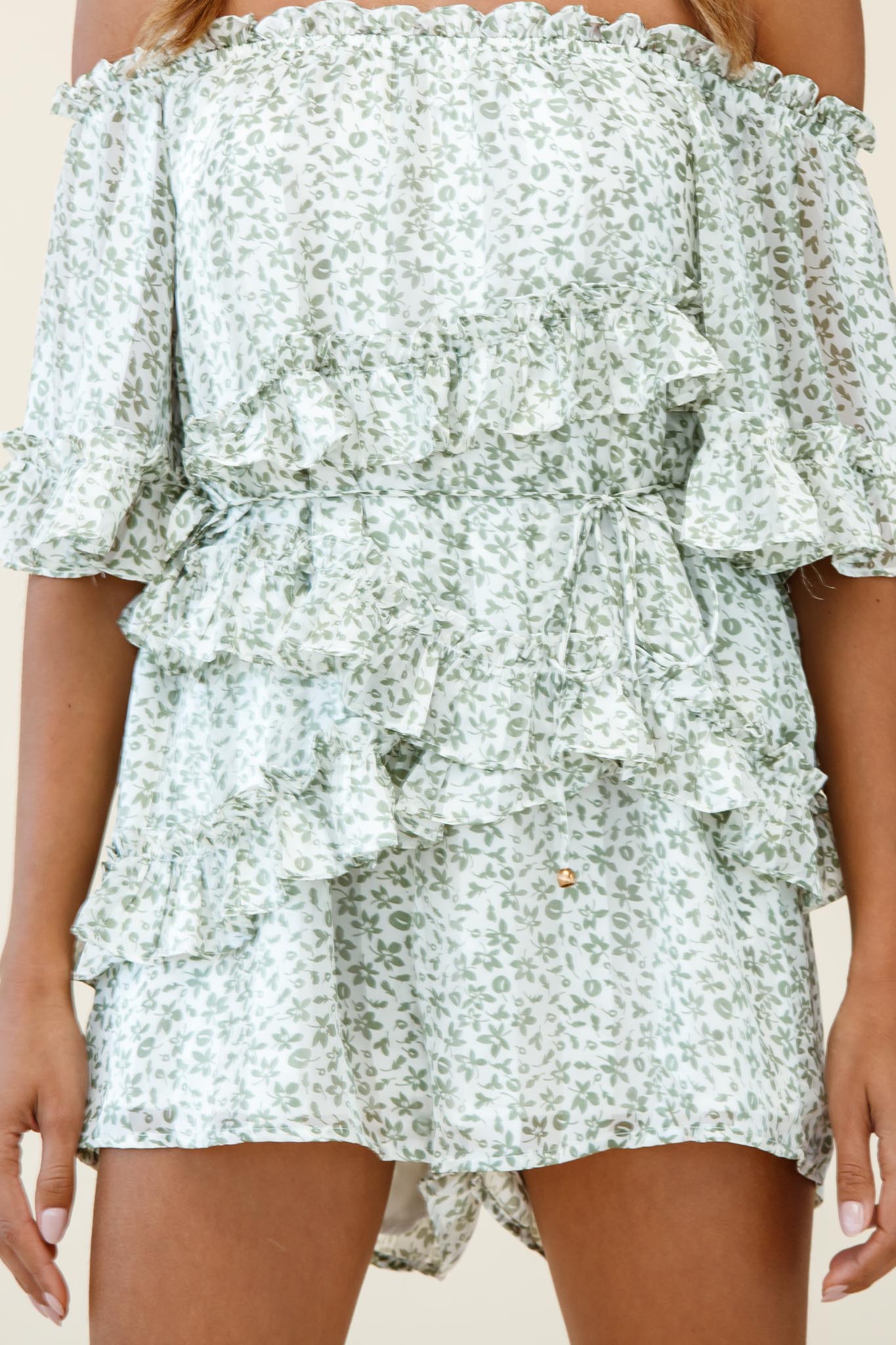 Astoria Bardot Neckline Frill Romper Floral Print Green by Selfie Leslie
