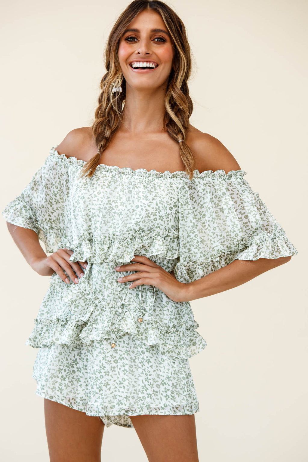 Astoria Bardot Neckline Frill Romper Floral Print Green by Selfie Leslie