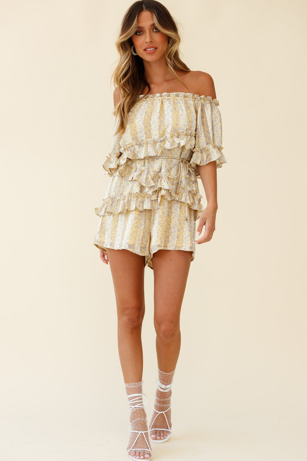 Astoria Bardot Neckline Frill Romper Floral & Stripe Print Yellow by Selfie Leslie