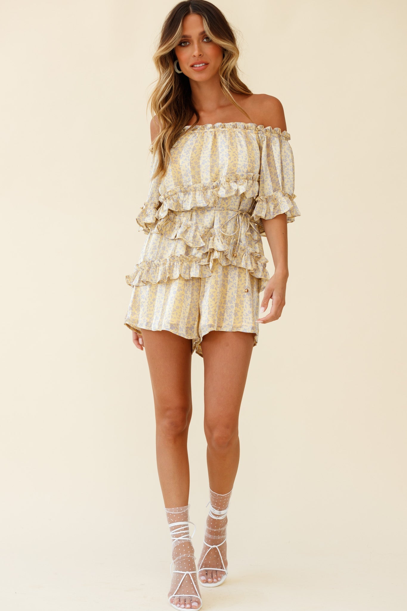 Astoria Bardot Neckline Frill Romper Floral & Stripe Print Yellow by Selfie Leslie