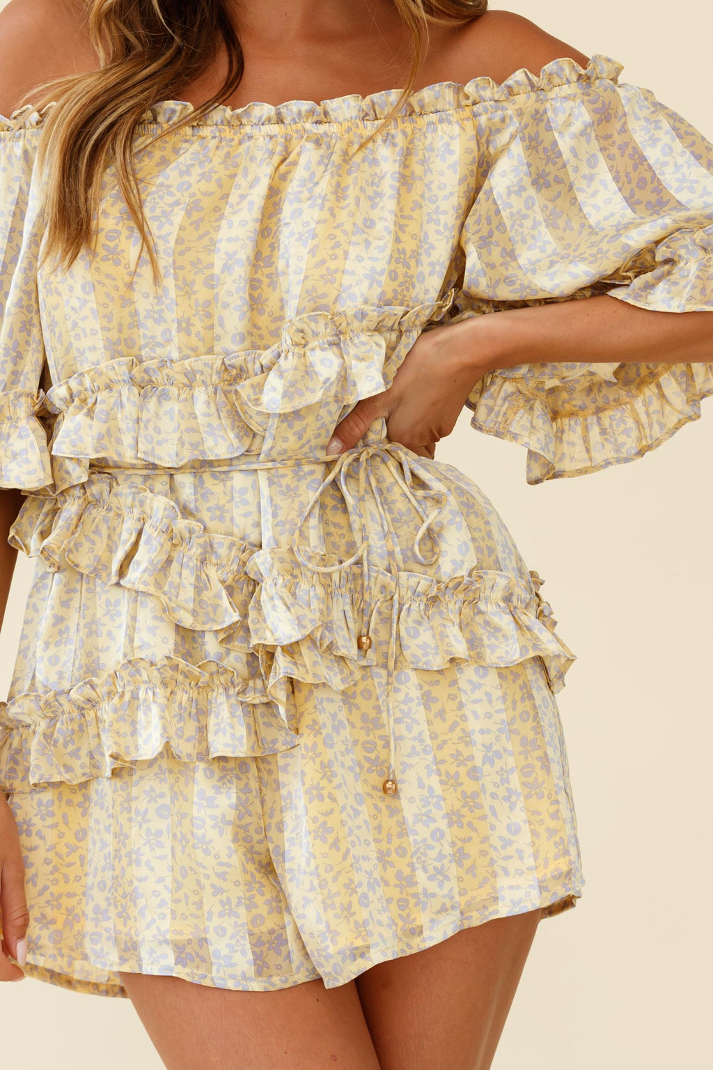 Astoria Bardot Neckline Frill Romper Floral & Stripe Print Yellow by Selfie Leslie