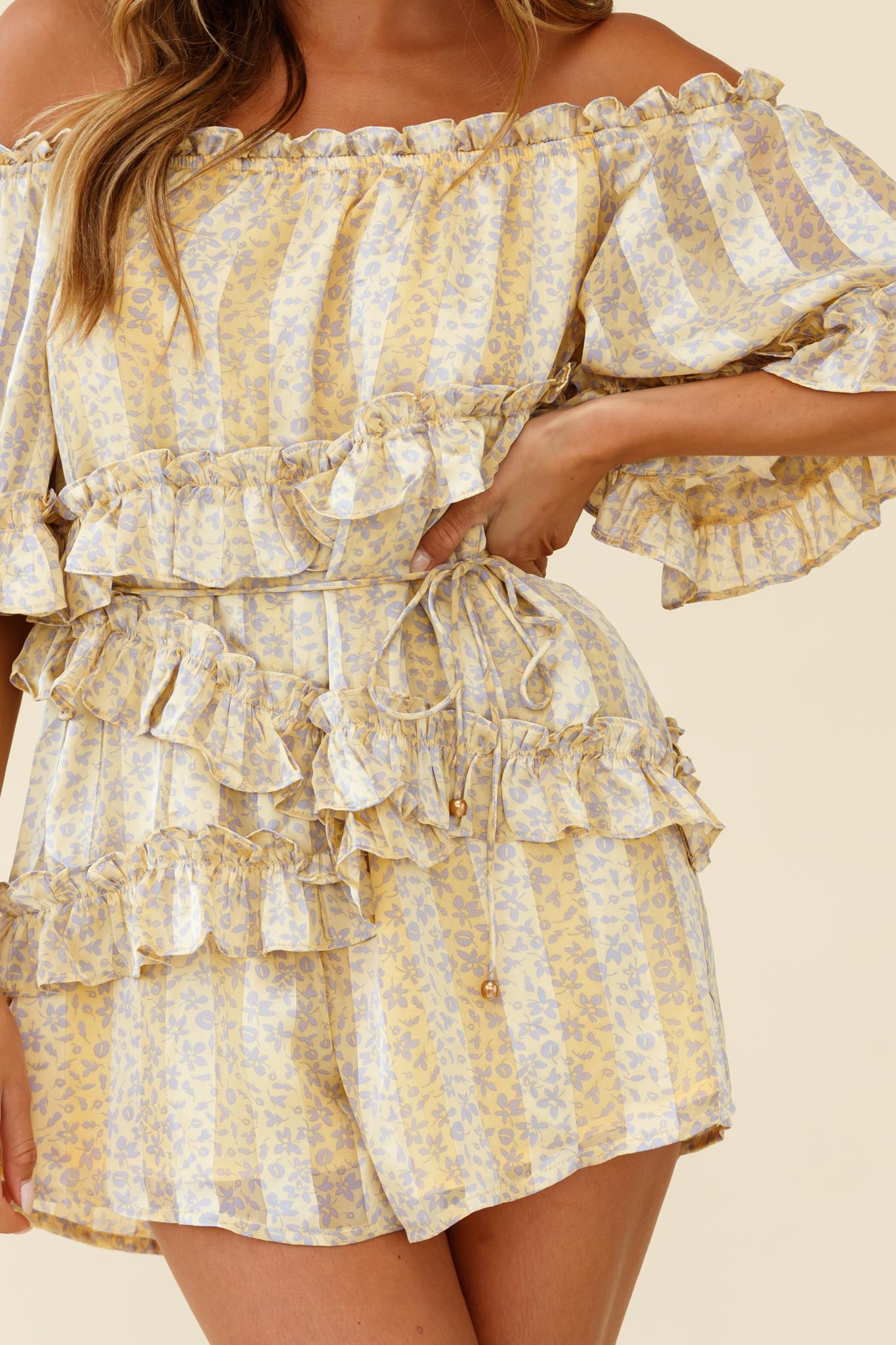Astoria Bardot Neckline Frill Romper Floral & Stripe Print Yellow by Selfie Leslie