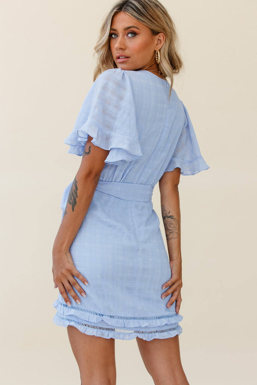 Hastings Angel Sleeve Faux Wrap Dress Steel Blue by Selfie Leslie