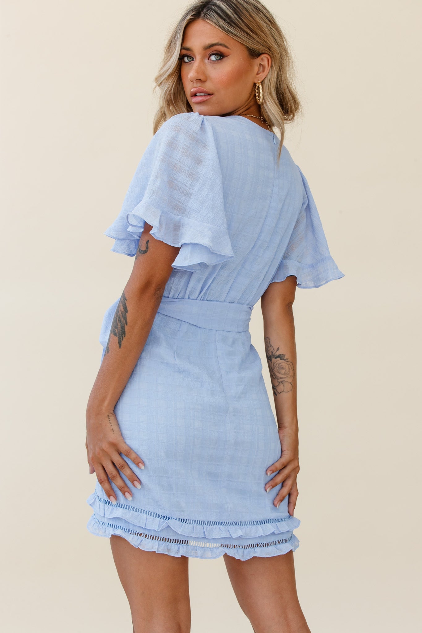 Hastings Angel Sleeve Faux Wrap Dress Steel Blue by Selfie Leslie