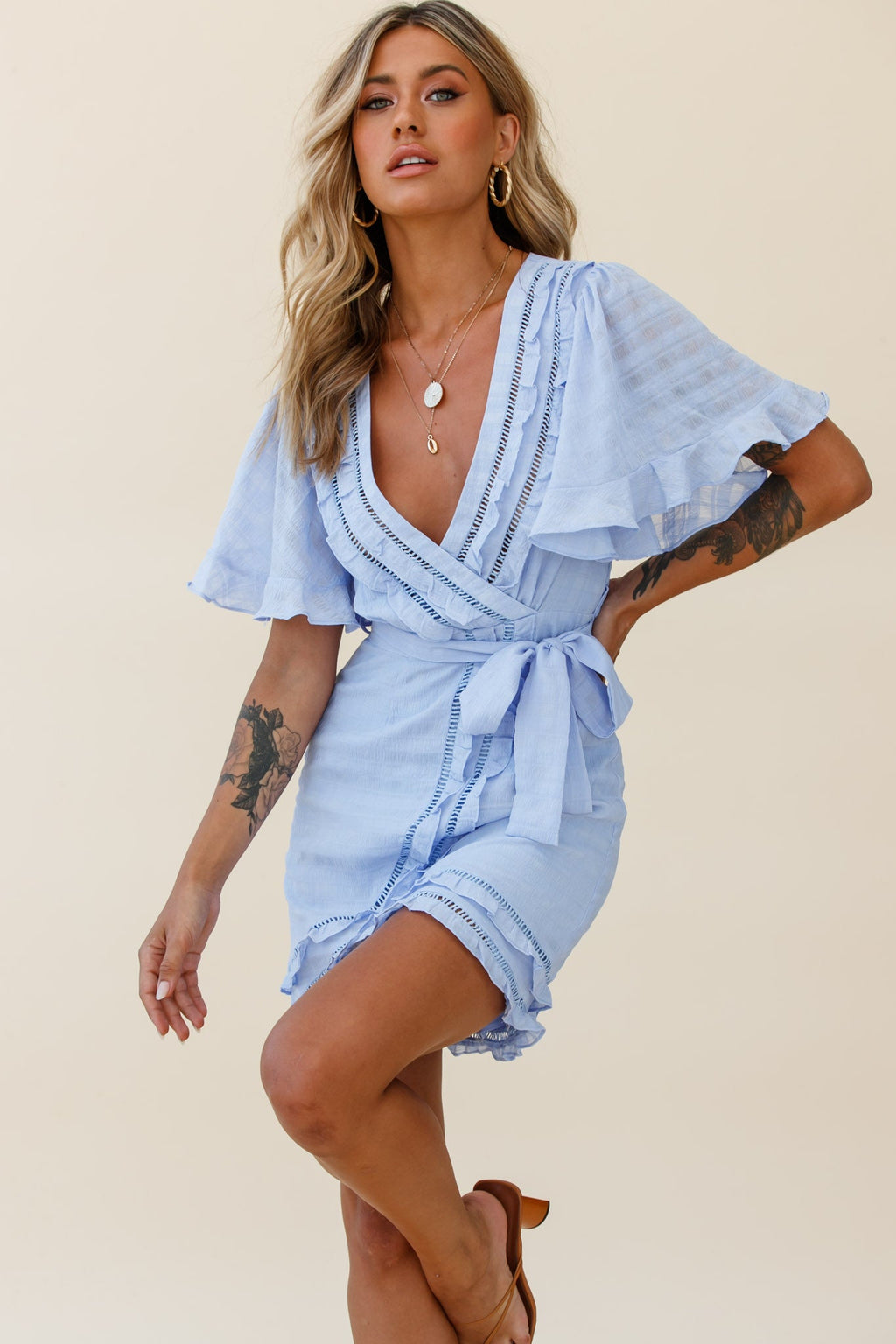 Hastings Angel Sleeve Faux Wrap Dress Steel Blue by Selfie Leslie