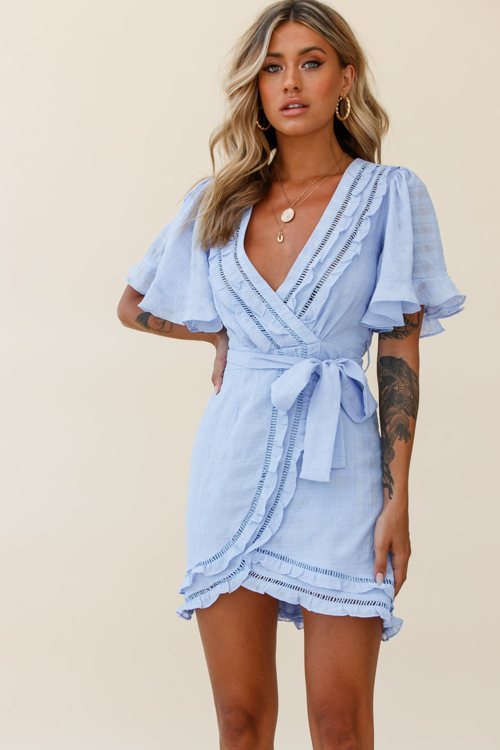 Hastings Angel Sleeve Faux Wrap Dress Steel Blue by Selfie Leslie