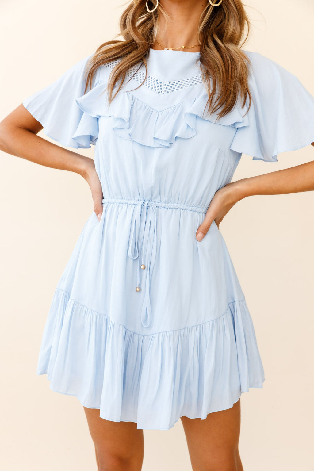 Forever Free Angel Sleeve Drawstring Waist Dress Steel Blue by Selfie Leslie