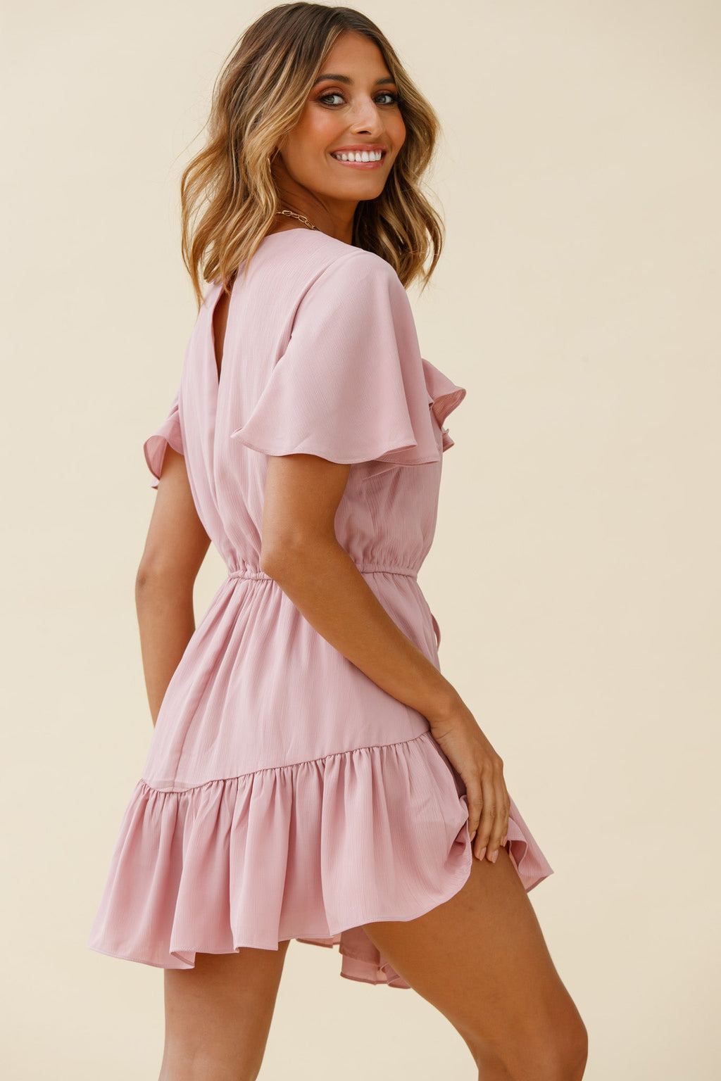 Forever Free Angel Sleeve Drawstring Waist Dress Blush by Selfie Leslie