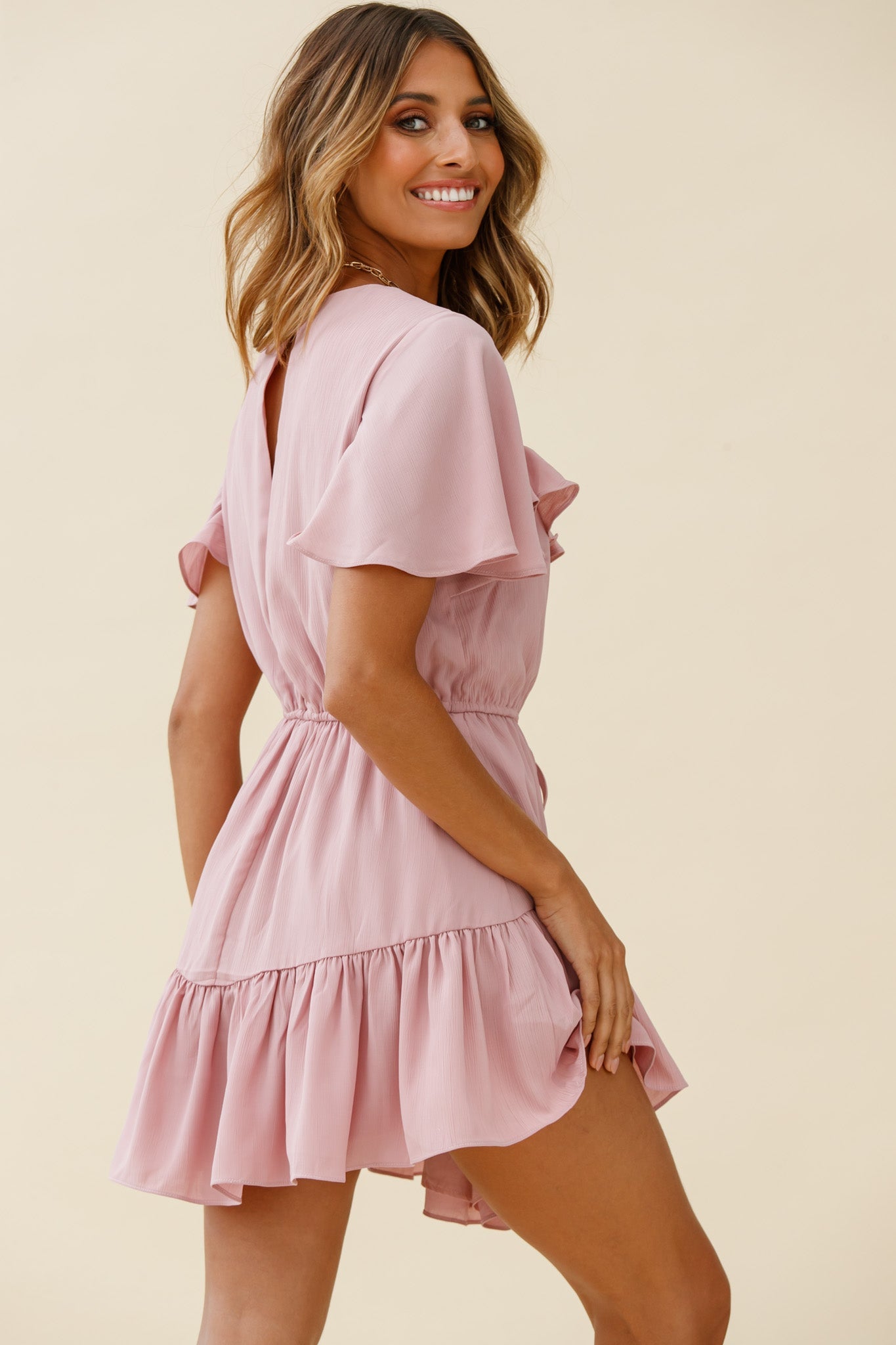 Forever Free Angel Sleeve Drawstring Waist Dress Blush by Selfie Leslie