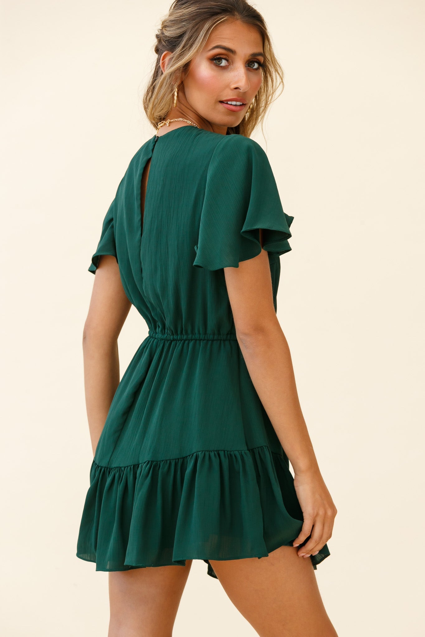 Forever Free Angel Sleeve Drawstring Waist Dress Forest Green by Selfie Leslie