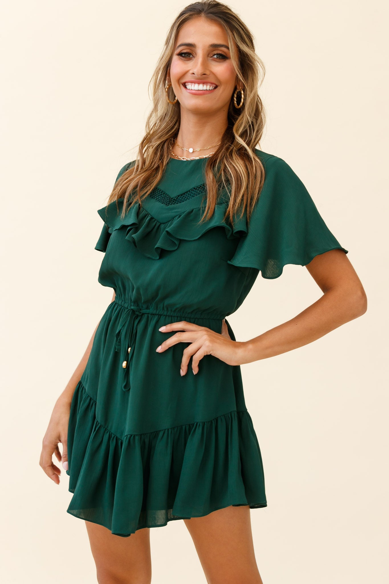 Forever Free Angel Sleeve Drawstring Waist Dress Forest Green by Selfie Leslie