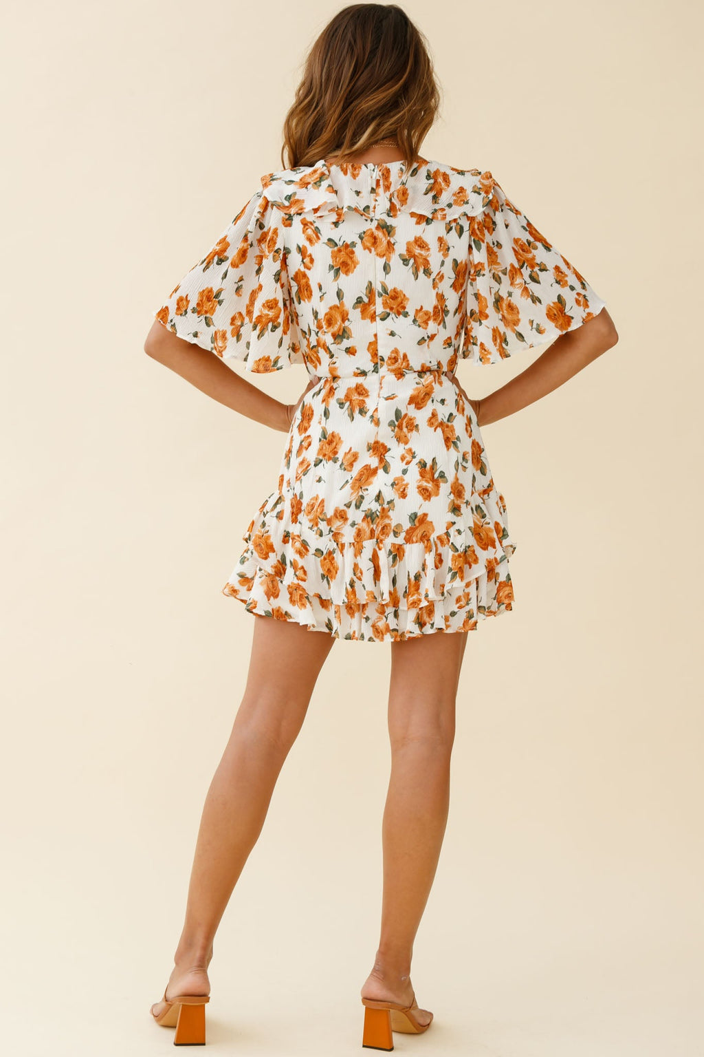 Mona Lisa Angel Sleeve Ruffle Trim Dress Rose Print Dress White/Tan by Selfie Leslie