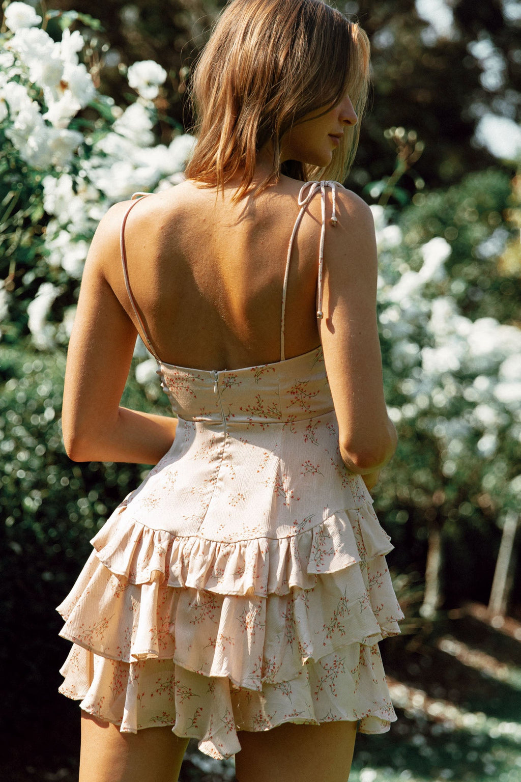 Flower Child Bust Tie Ruffle Trim Dress Floral Spring Print Champagne by Selfie Leslie