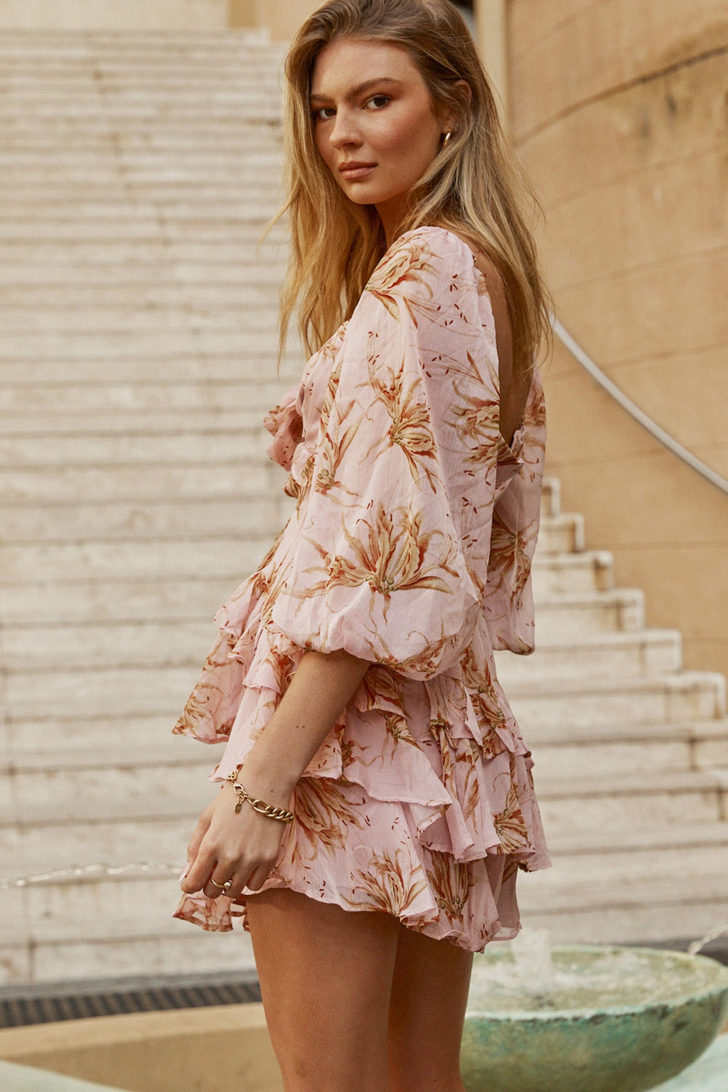 Flower Child Three Quarter Sleeve Bust Tie Ruffle Dress Lily Print Pink by Selfie Leslie