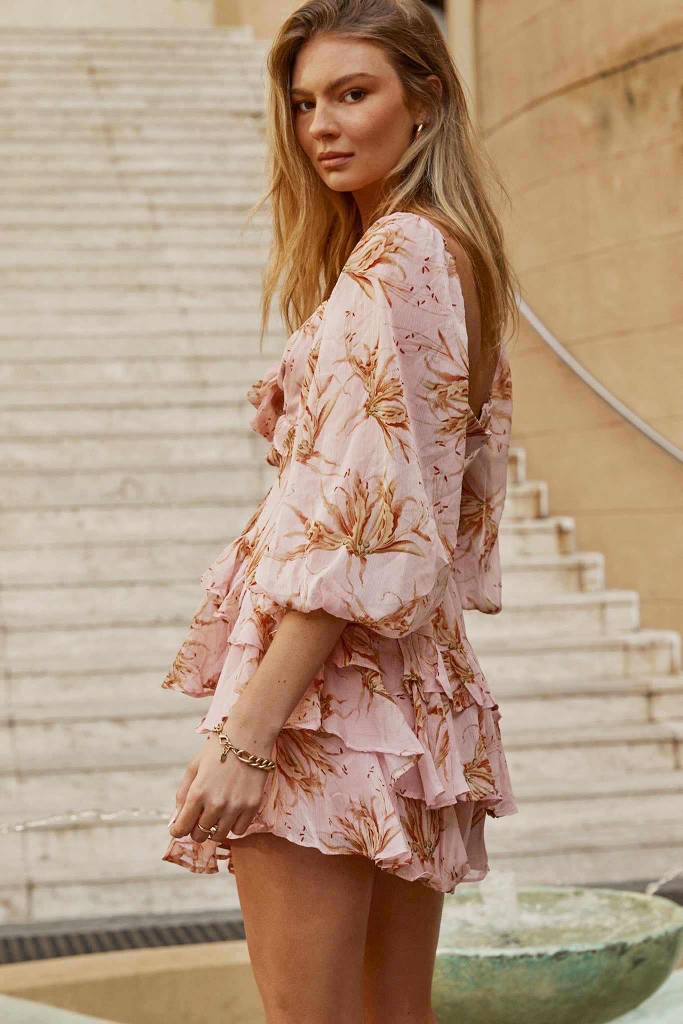 Flower Child Three Quarter Sleeve Bust Tie Ruffle Dress Lily Print Pink by Selfie Leslie