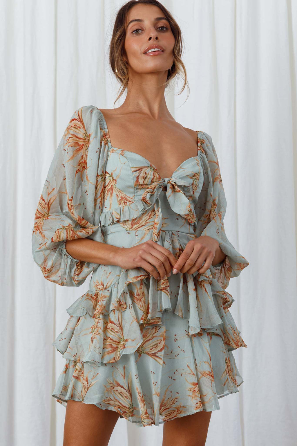 Flower Child Three Quarter Sleeve Bust Tie Ruffle Dress Lily Print Pistachio by Selfie Leslie