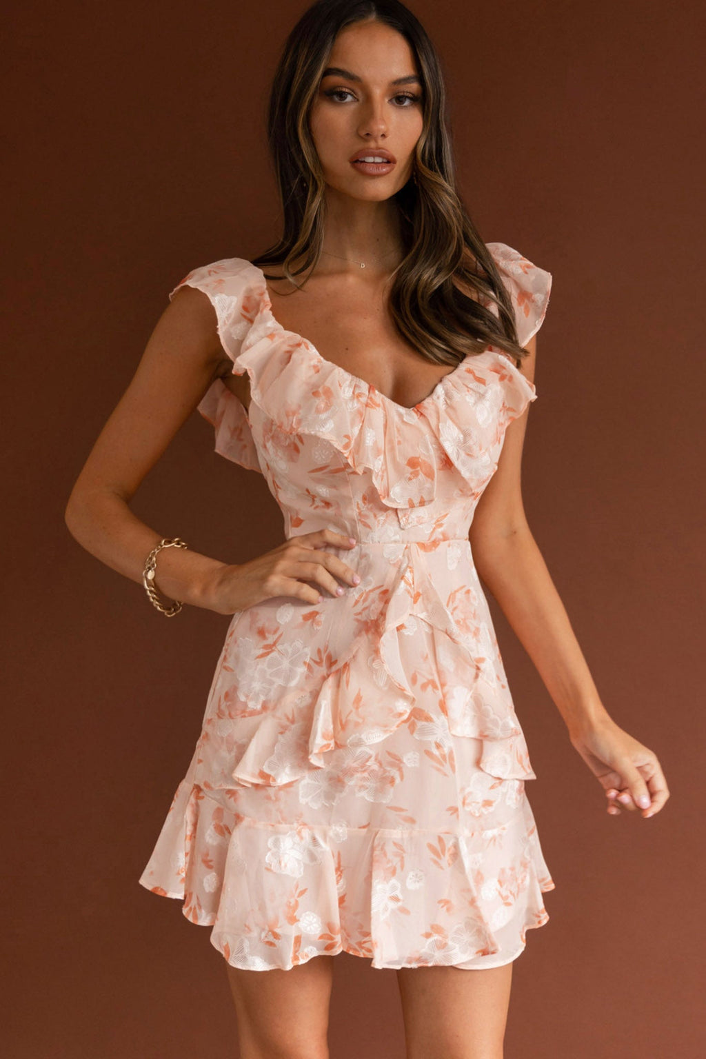 Flower Child Frill V-Neckline Dress Floral Blush by Selfie Leslie