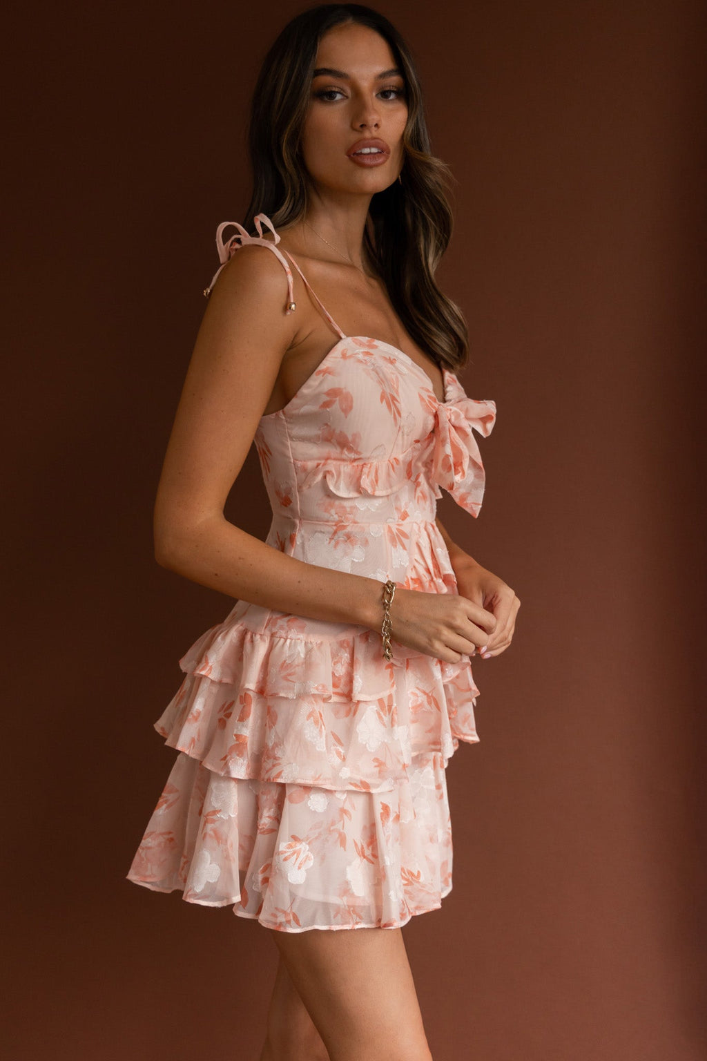 Flower Child Bust Tie Ruffle Trim Dress Floral Peach by Selfie Leslie