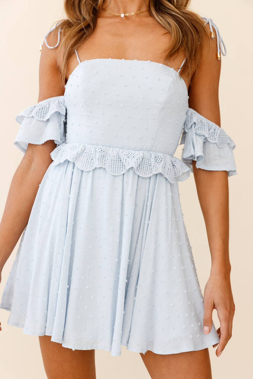 Wayside String Tie Strap Lace Trim Mini Dress Steel Blue by Selfie Leslie