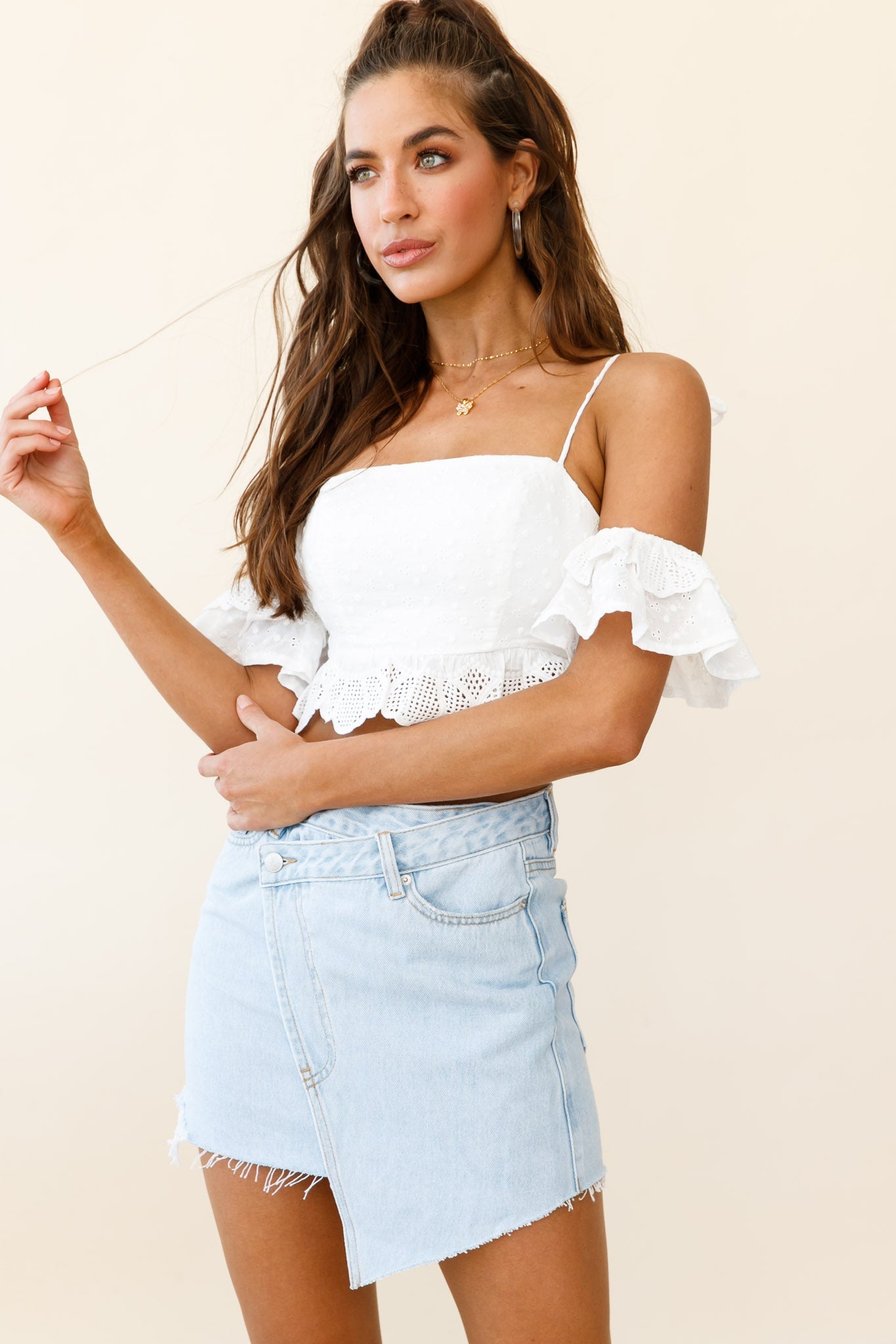 Wayside String Tie Strap Lace Trim Crop Top White by Selfie Leslie