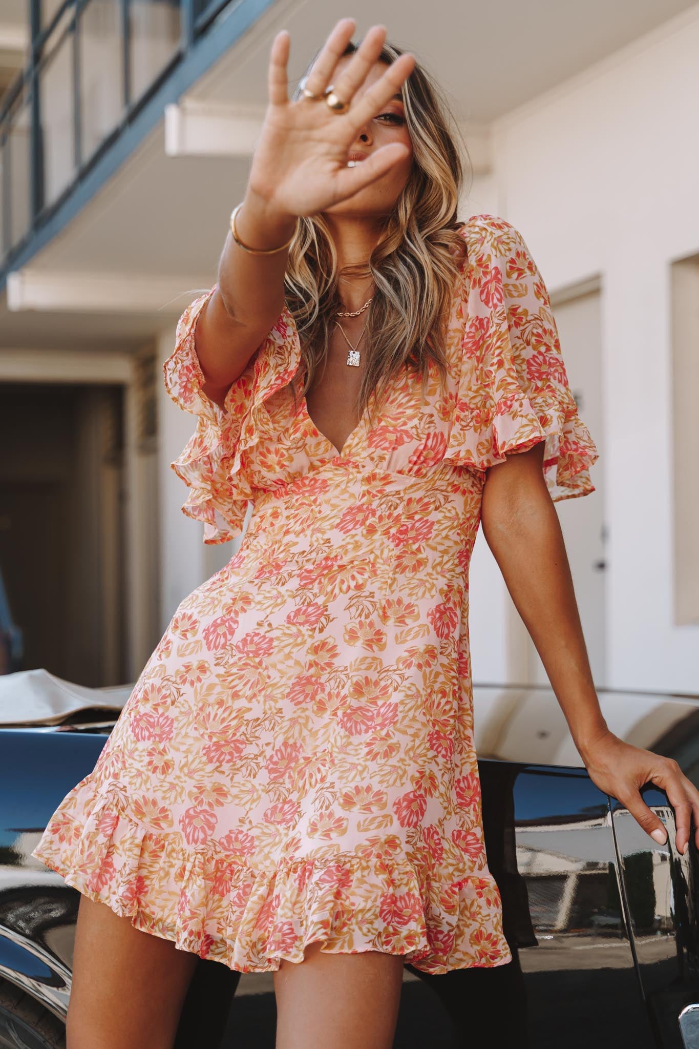 Sally Angel Sleeve Open Back Dress Floral Print Pink by Selfie Leslie