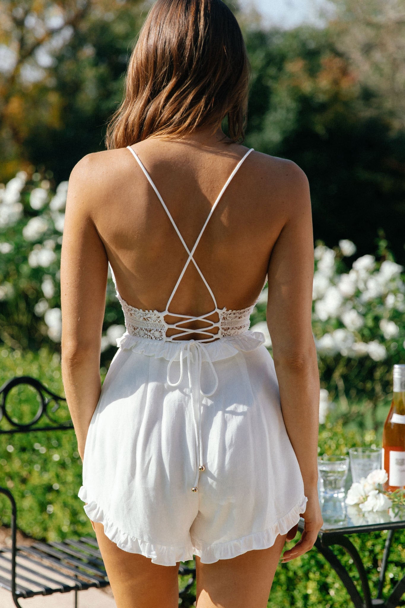 Desert Rose Crochet Trim Tie-Up Back Romper White by Selfie Leslie