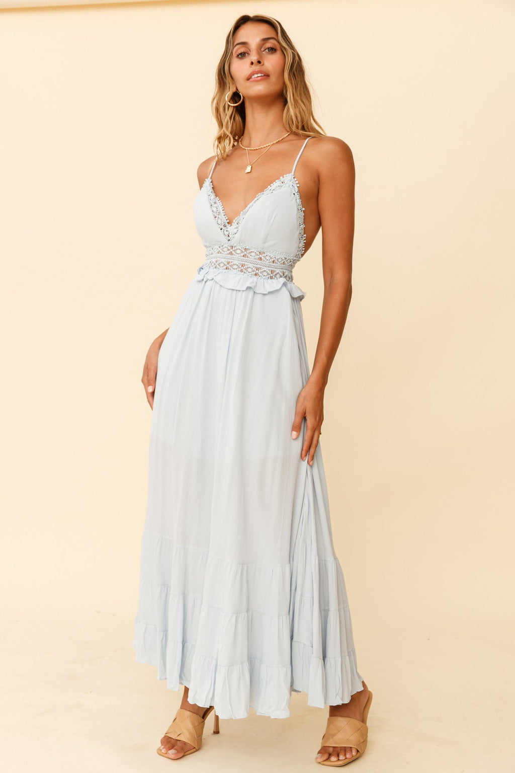 Desert Rose Crochet Tie-Up Back Maxi Dress Ice Blue by Selfie Leslie