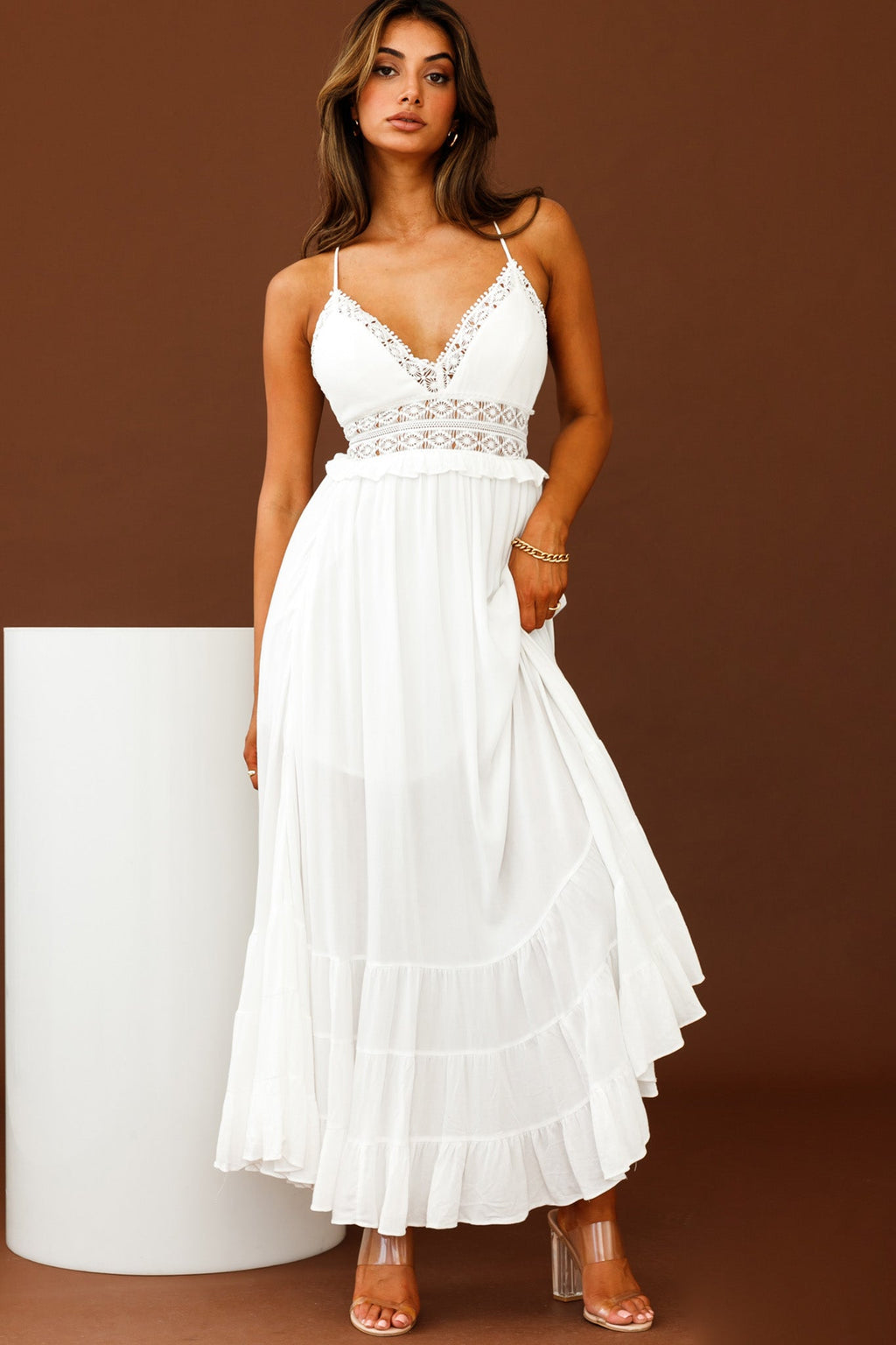Desert Rose Crochet Tie-Up Back Maxi Dress White by Selfie Leslie