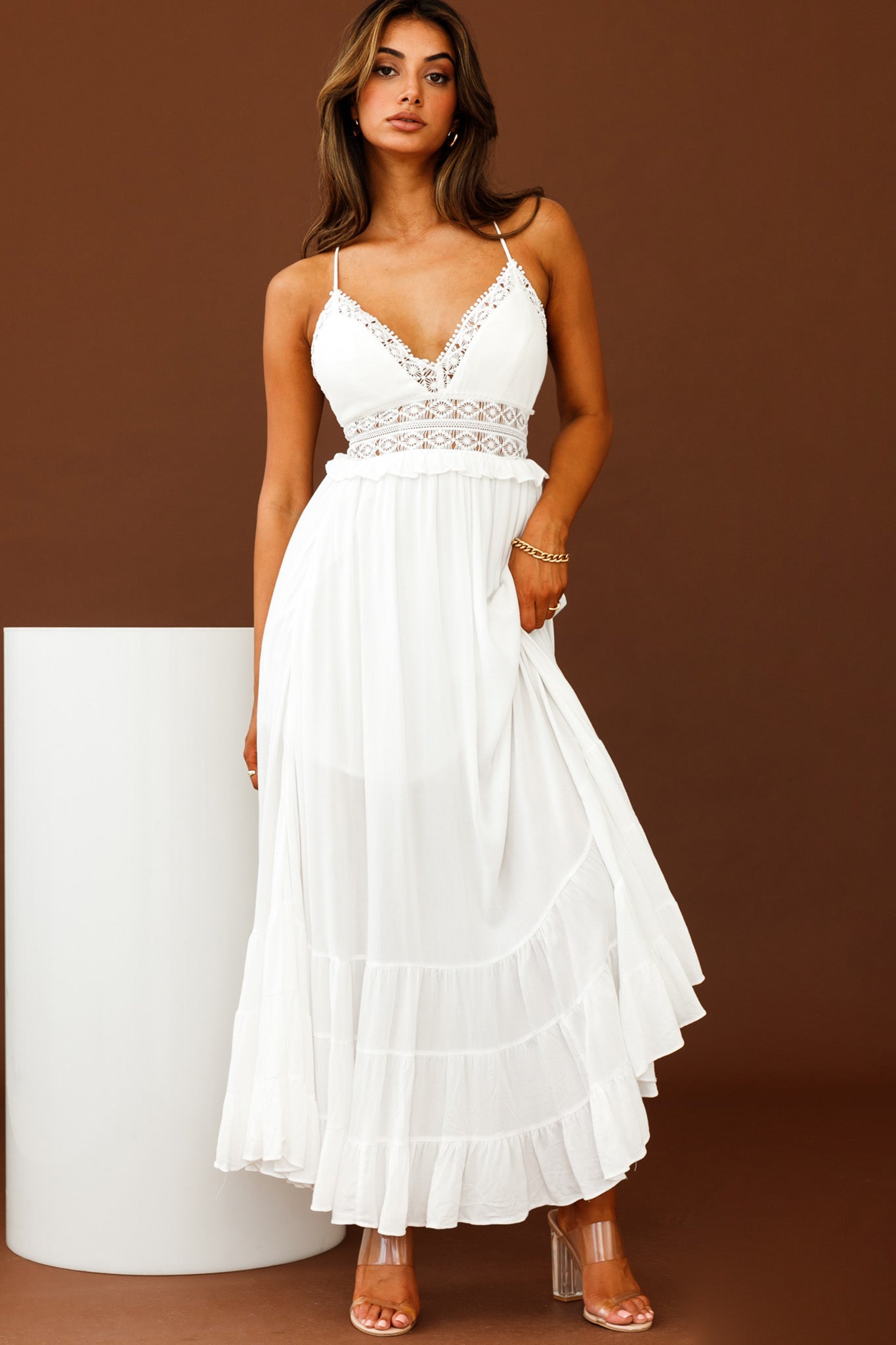 Desert Rose Crochet Tie-Up Back Maxi Dress White by Selfie Leslie