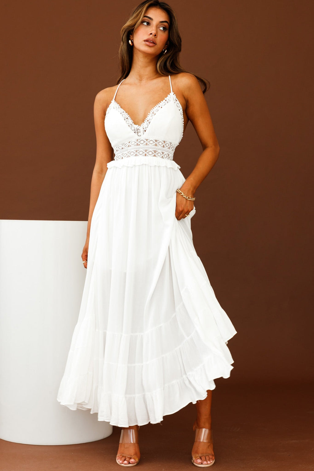 Desert Rose Crochet Tie-Up Back Maxi Dress White by Selfie Leslie