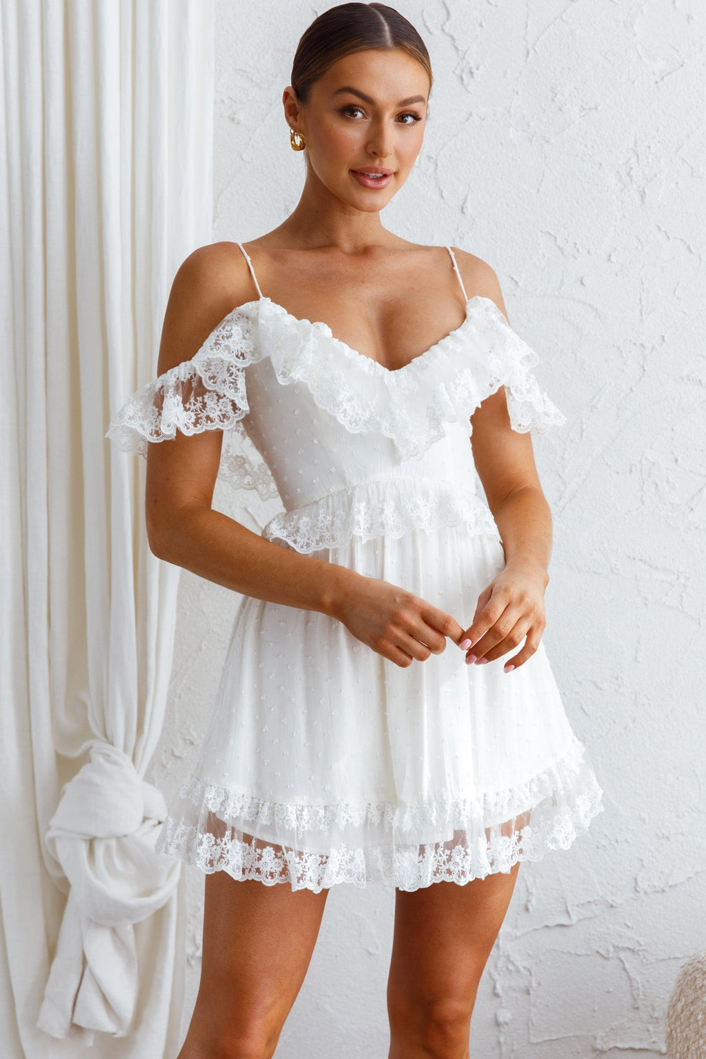 Good Morning Sunshine Off Shoulder Lace Frill Trim Mini Dress White by Selfie Leslie