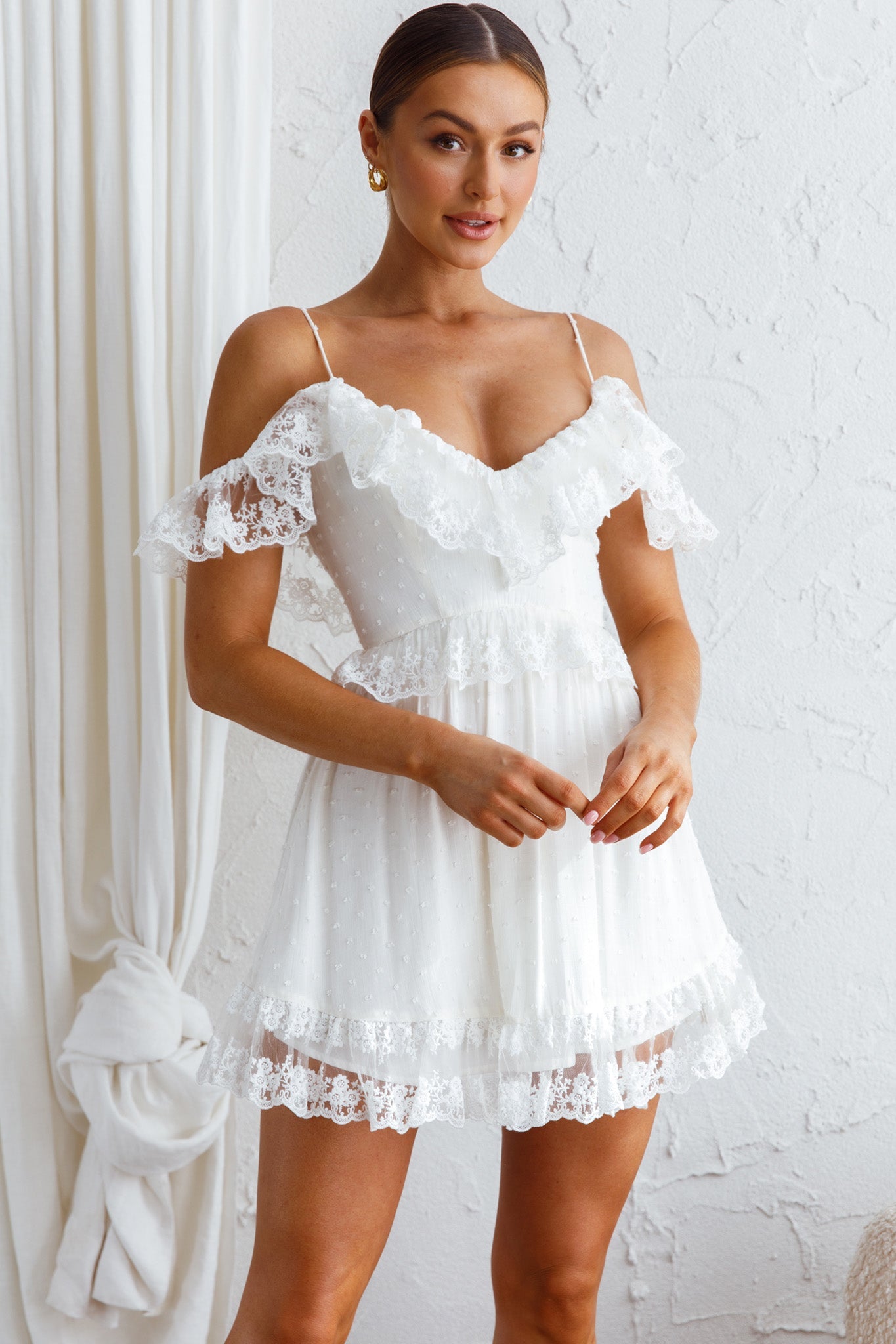 Good Morning Sunshine Off Shoulder Lace Frill Trim Mini Dress White by Selfie Leslie