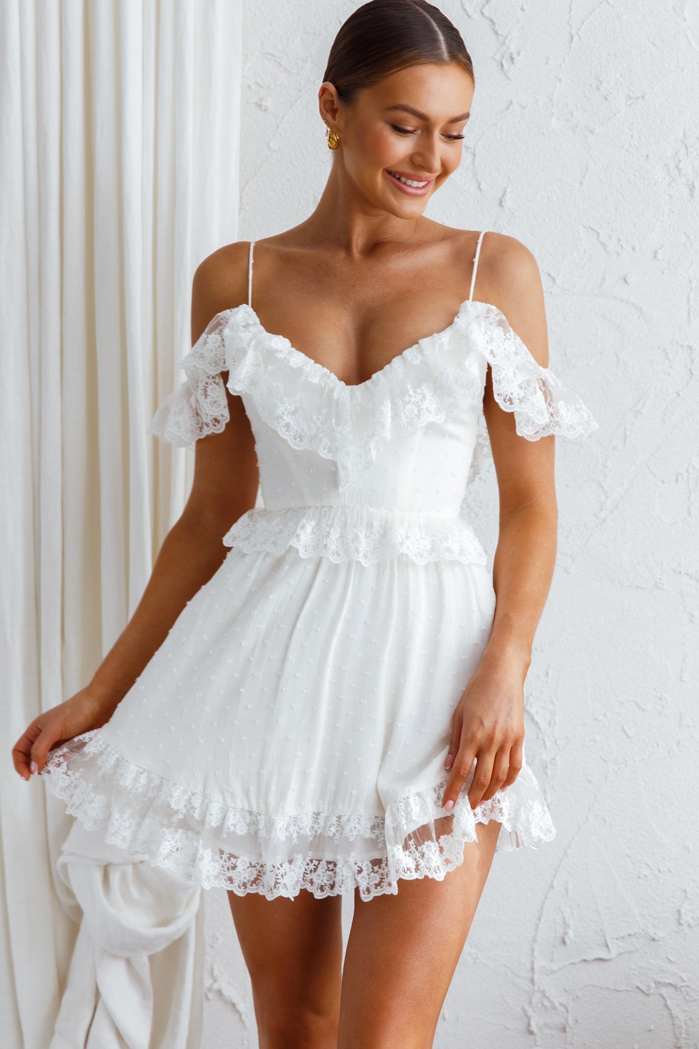 Good Morning Sunshine Off Shoulder Lace Frill Trim Mini Dress White by Selfie Leslie