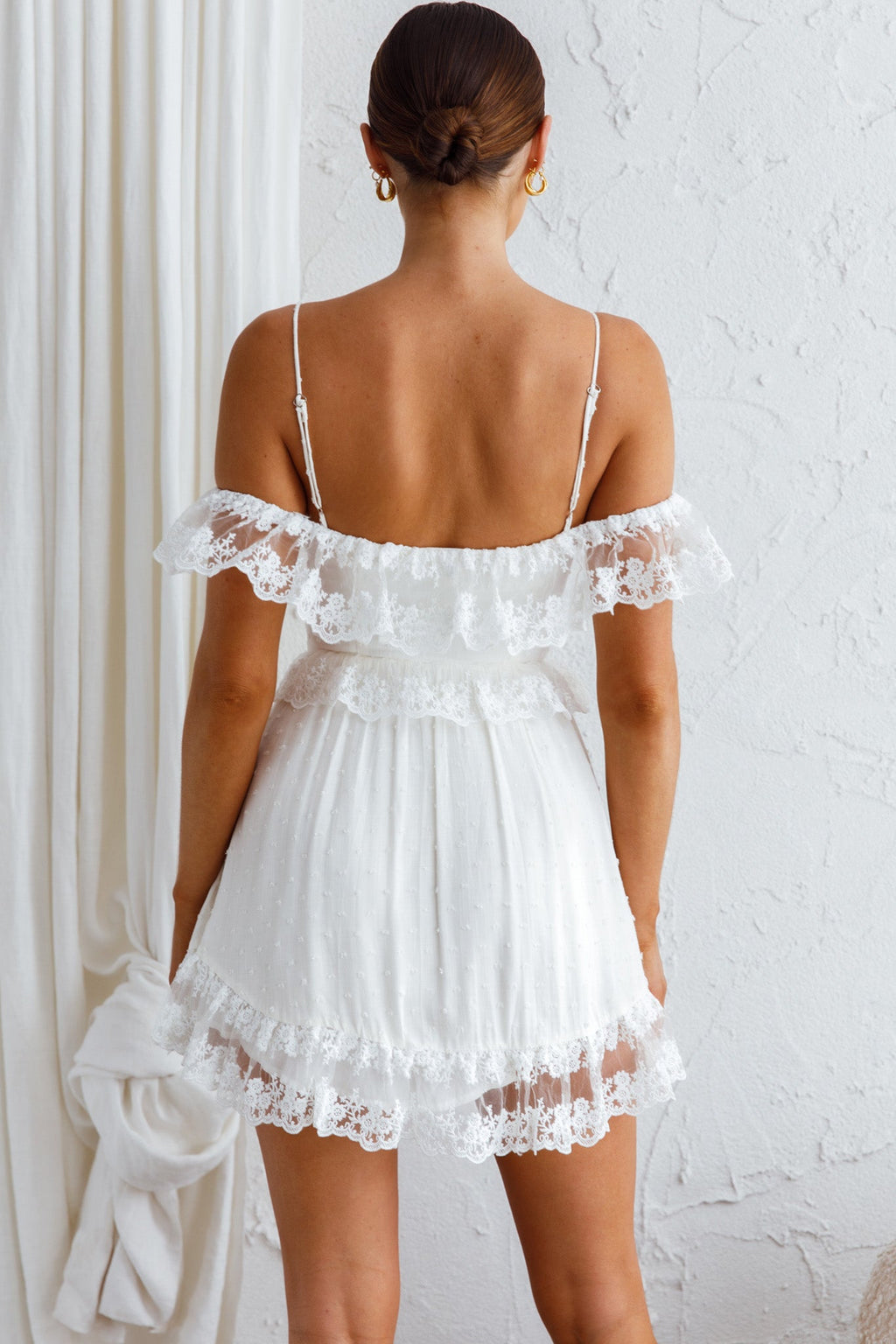 Good Morning Sunshine Off Shoulder Lace Frill Trim Mini Dress White by Selfie Leslie