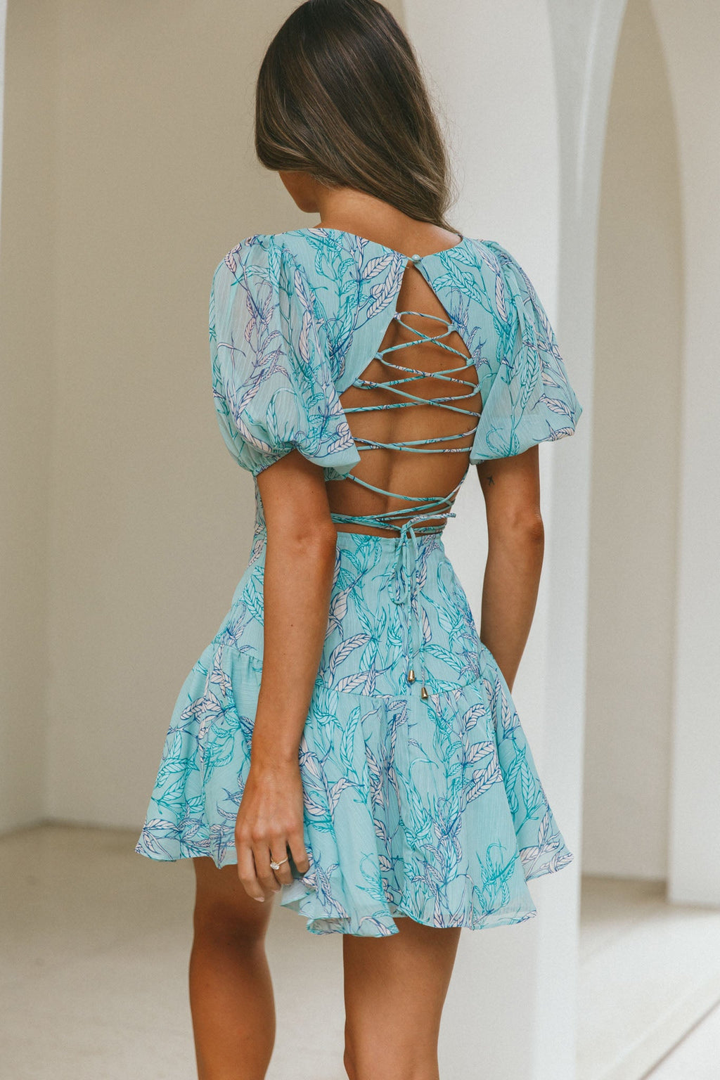 Petite Cherie Puff Sleeve Lace-Up Back Dress Leaf Print Mint by Selfie Leslie