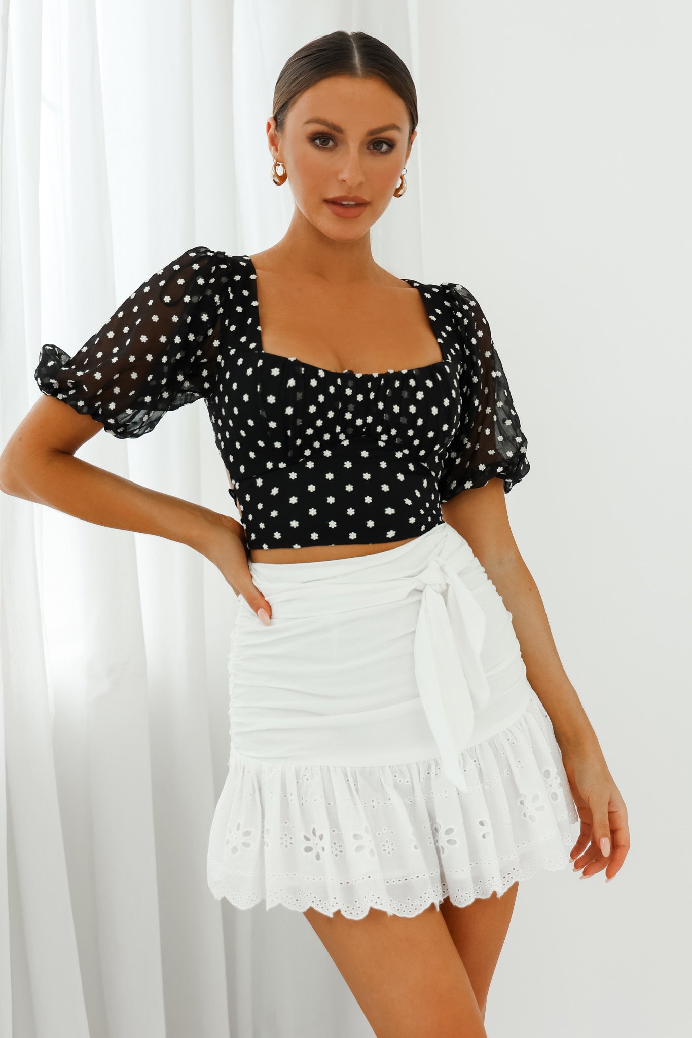 Petite Cherie Puff Sleeve Lace-Up Back Crop Top Floral Embroidered Black by Selfie Leslie