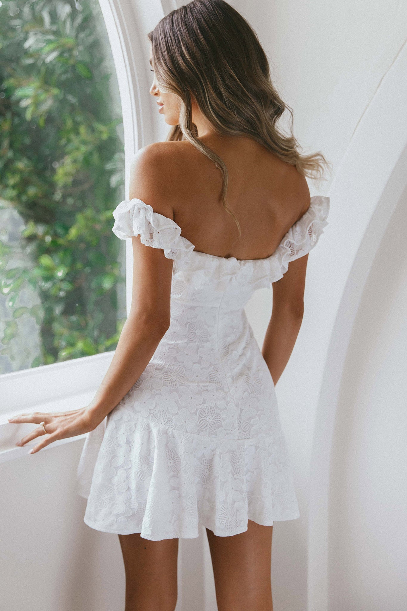 verona off-shoulder lace overlay mini dress white Verona Off-Shoulder Lace Overlay Mini Dress White