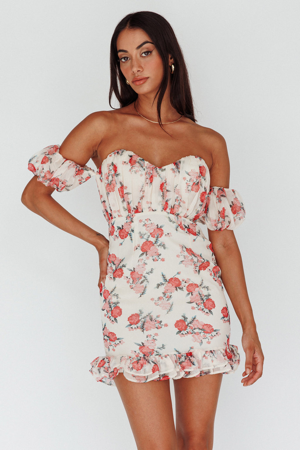 Verona Off-Shoulder Gathered Mini Dress Floral Red by Selfie Leslie Australia