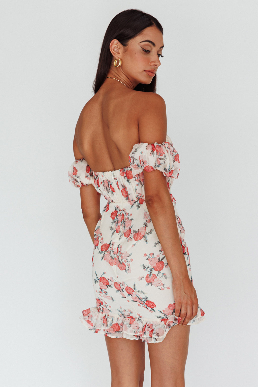 Verona Off-Shoulder Gathered Mini Dress Floral Red by Selfie Leslie Australia
