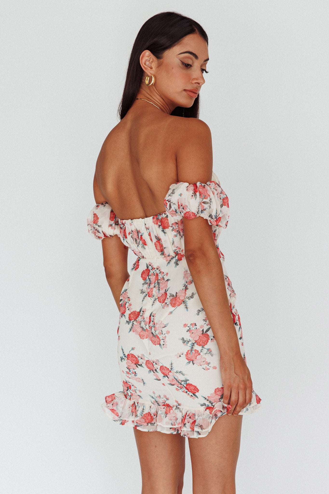 Verona Off-Shoulder Gathered Mini Dress Floral Red by Selfie Leslie Australia