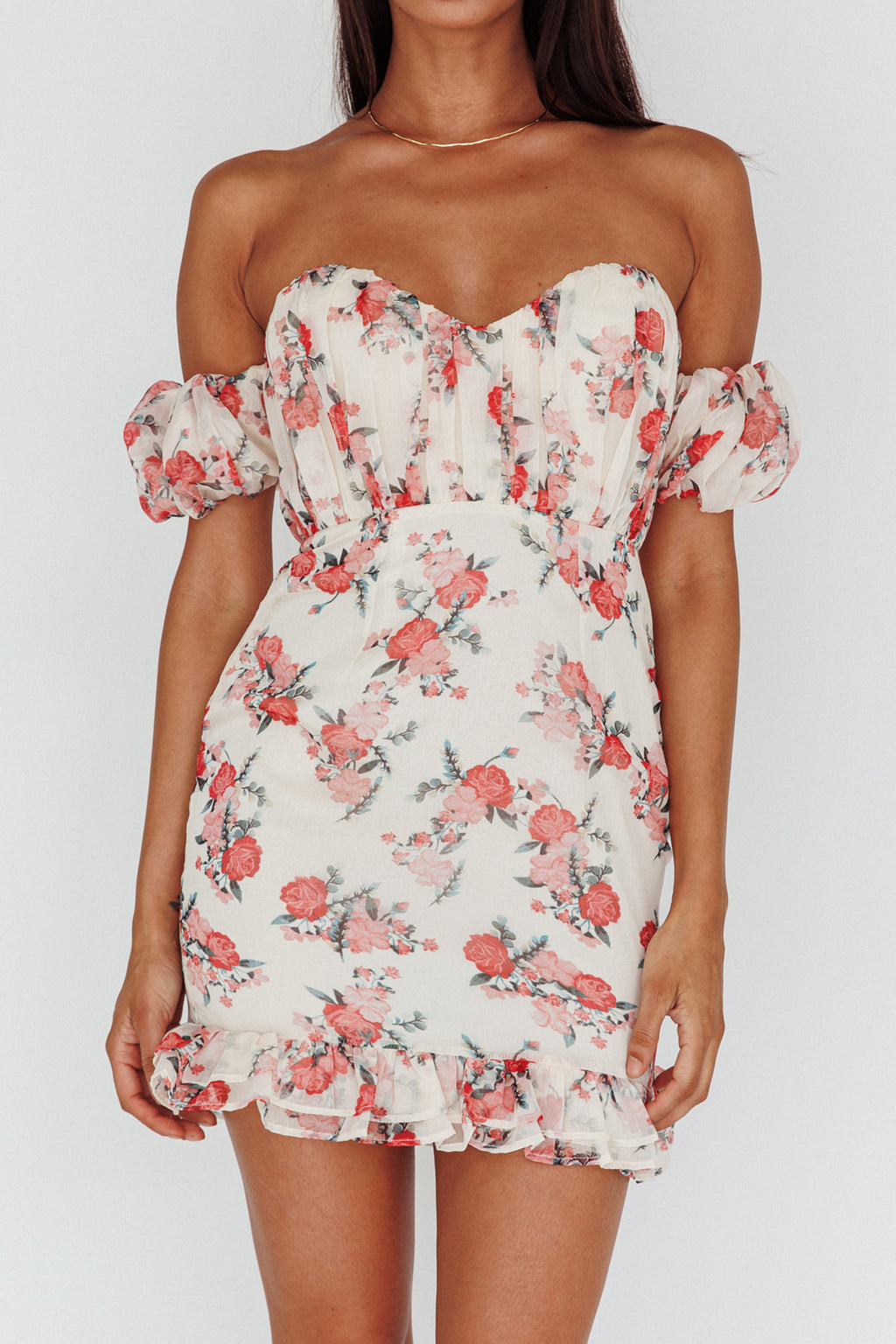 Verona Off-Shoulder Gathered Mini Dress Floral Red by Selfie Leslie Australia