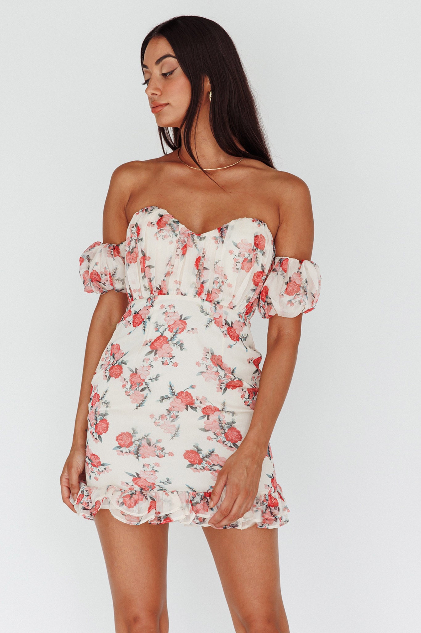 Verona Off-Shoulder Gathered Mini Dress Floral Red by Selfie Leslie Australia